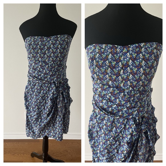 CLUB MONACO Strapless Silk Mini Dress - Printed, Sweetheart Neckline, Size L - Picture 2 of 6